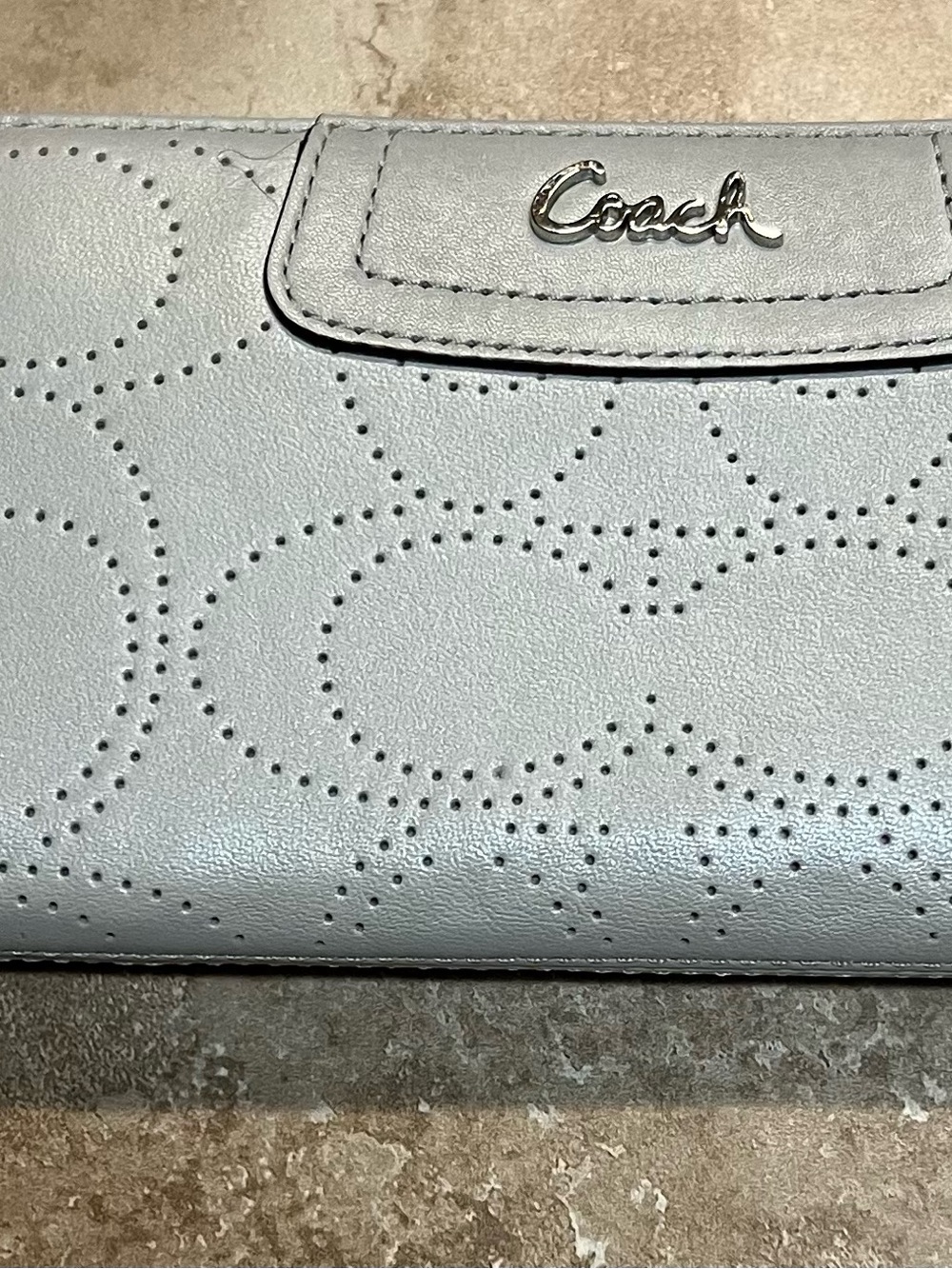 Coach Ashley Perforated Leather Wallet – Light Blue Gray